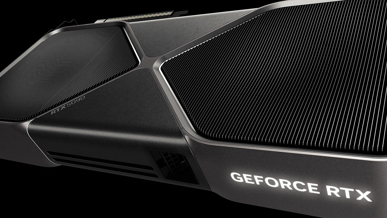 A dramatic close-up of the RTX 5090's dark metal shroud and glowing GEFORCE RTX lettering.
