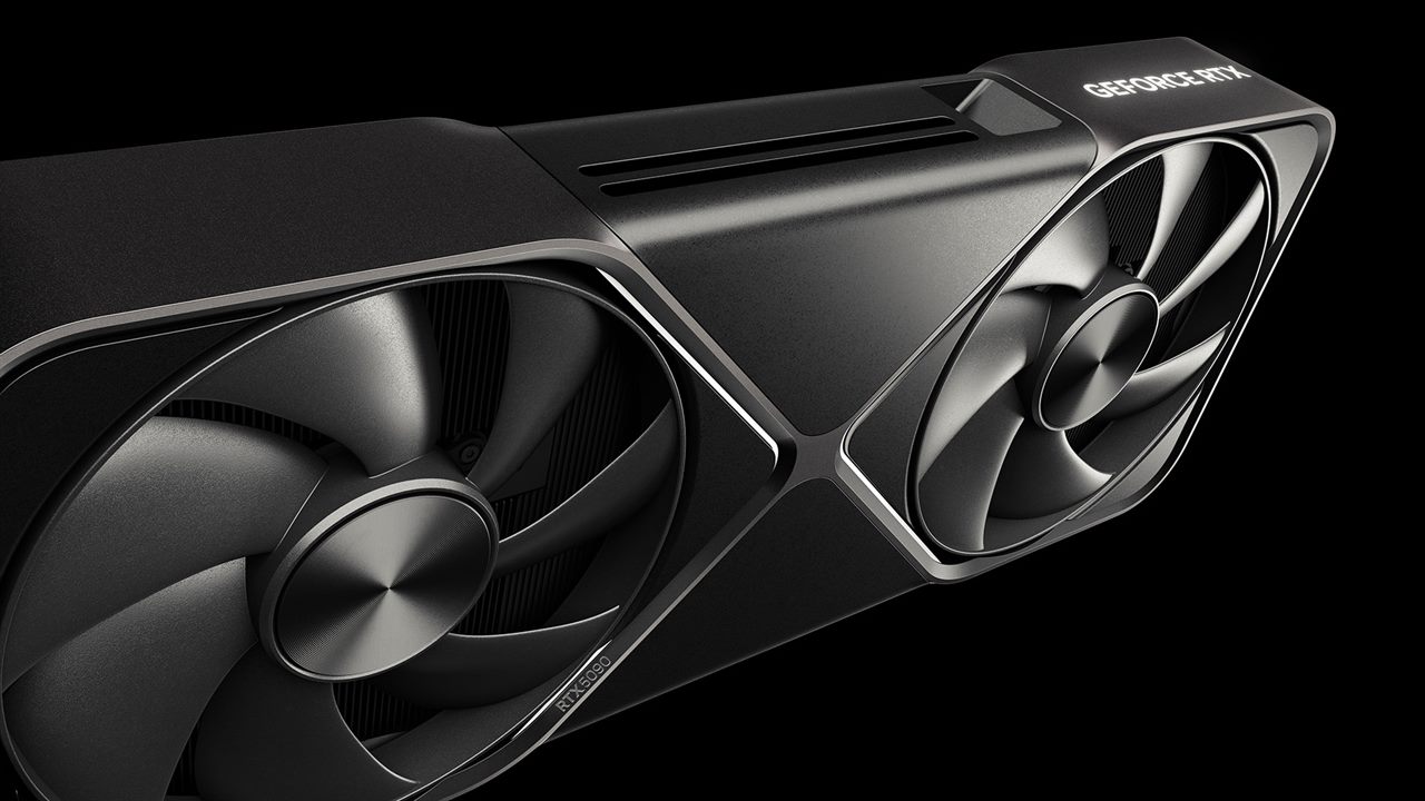 Close-up of the RTX 5090's two fans and its glowing GEFORCE RTX logo.