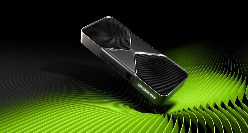 A GeForce RTX 5090 Founders Edition tilted at an angle above a field of glowing green curves.