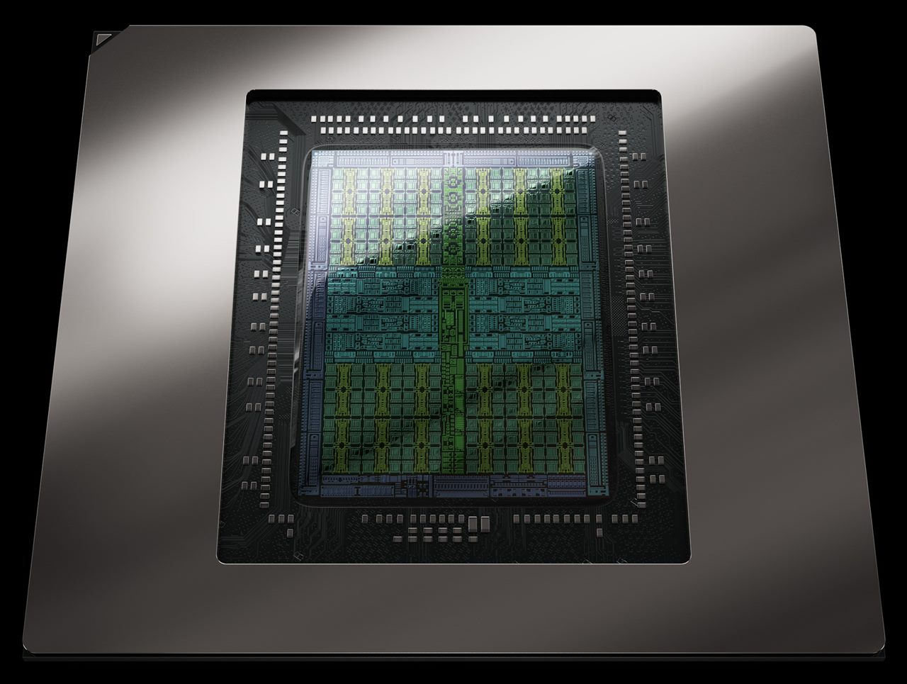 A rendered close-up of a GPU die on its package, with green and blue functional blocks visible.