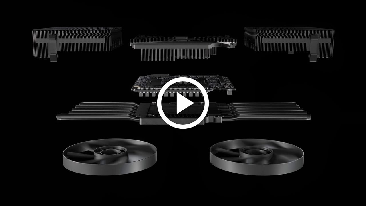 An exploded diagram of the RTX 5090 showing heatsinks, circuit board, heat pipes and fans, with a play button over it.