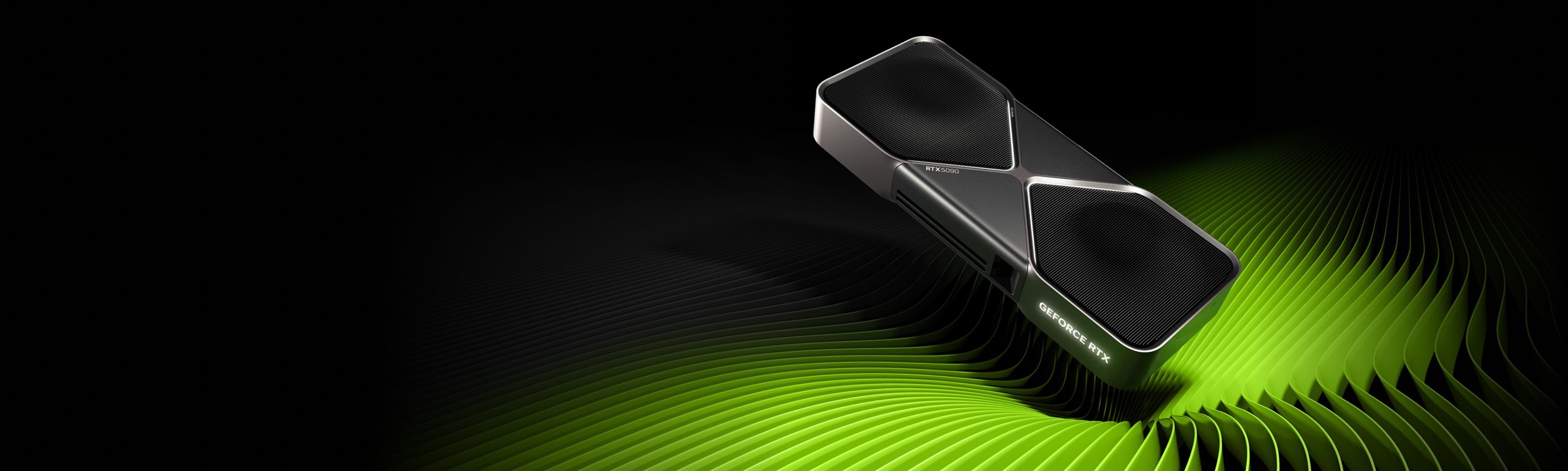 A GeForce RTX 5090 Founders Edition floating above rippling green ridges against a black background.